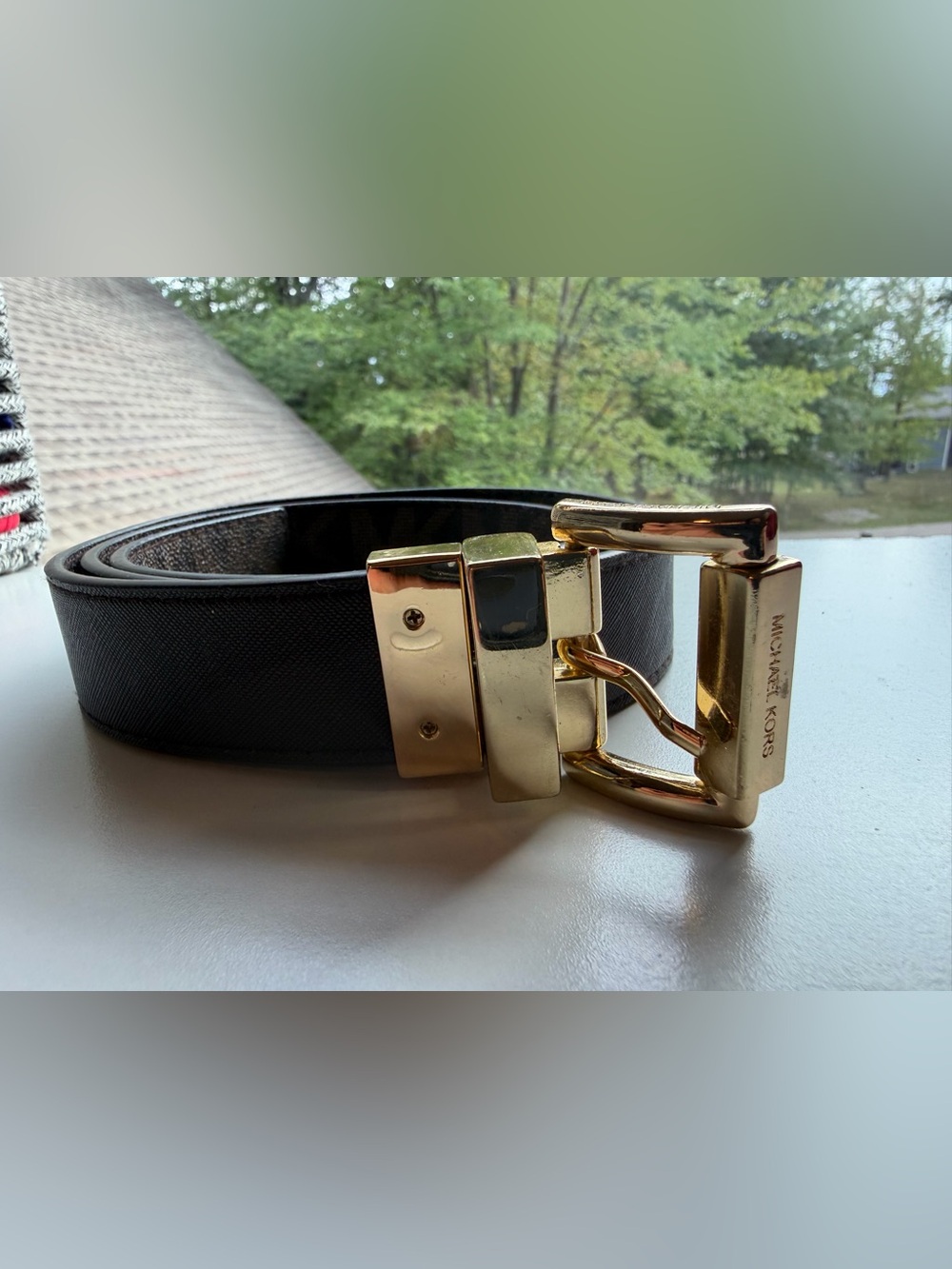 Michael Kors Black Leather Belt with Gold-Tone Signature Buckle
